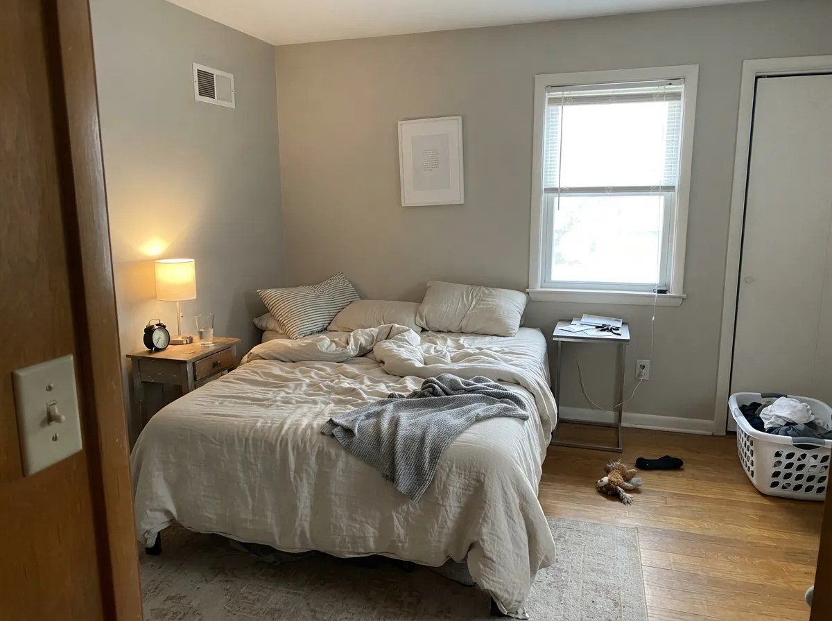 In a morning-lit bedroom it stays quiet — grayed-white, not gallery-stark, the sheen change doing the trim work.