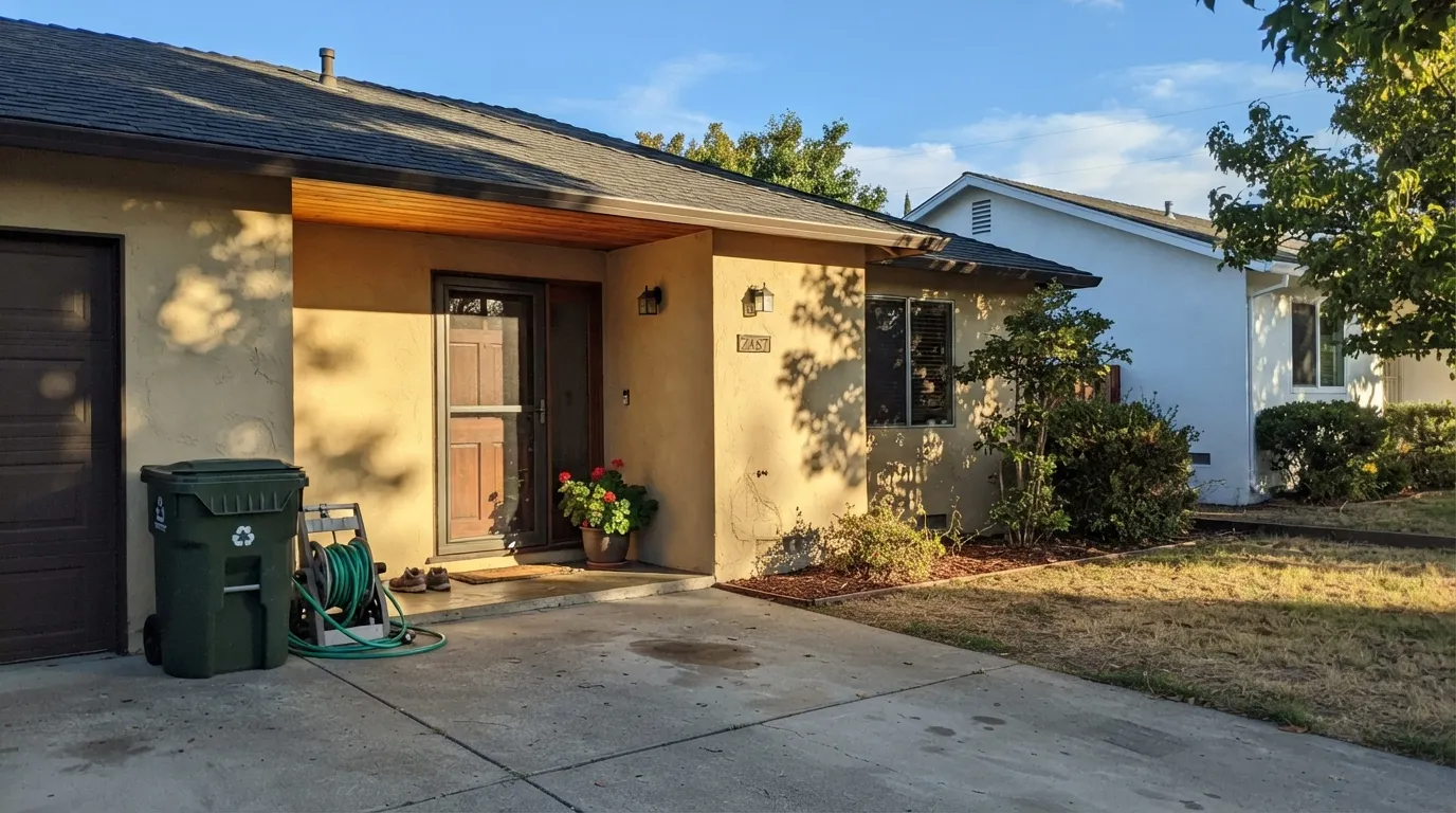 The honest shot: full sun names the yellow the living room hid — Fossil goes beige on a sunny elevation, the exact Houzz complaint, especially on wood slats.