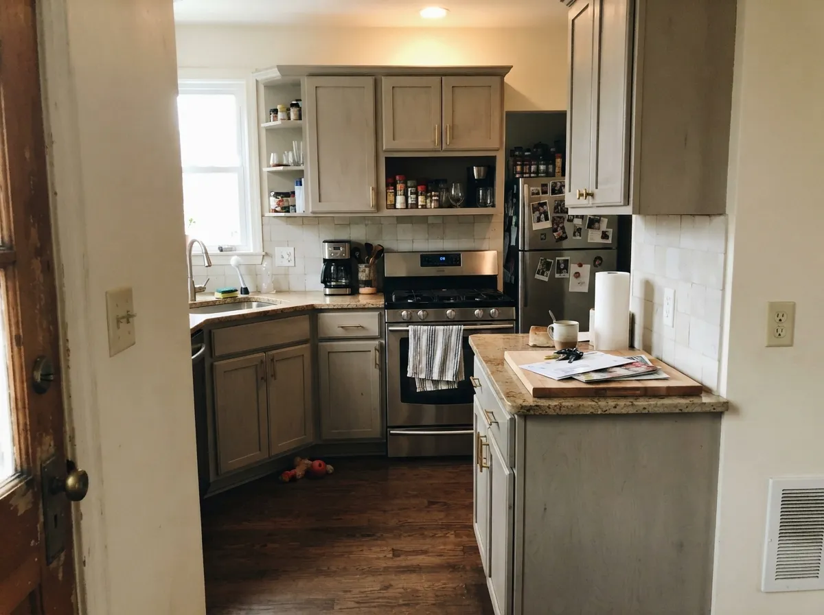The millwork job: satin Heather on the boxes next to brass and zellige — warmer than a traditional white, quiet enough to live with.