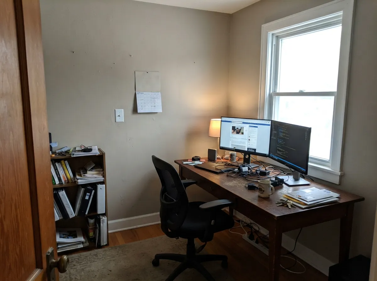 The office test: Heather as a working-room greige — enough body to hide scuffs, light enough that the desk wall does not close in.