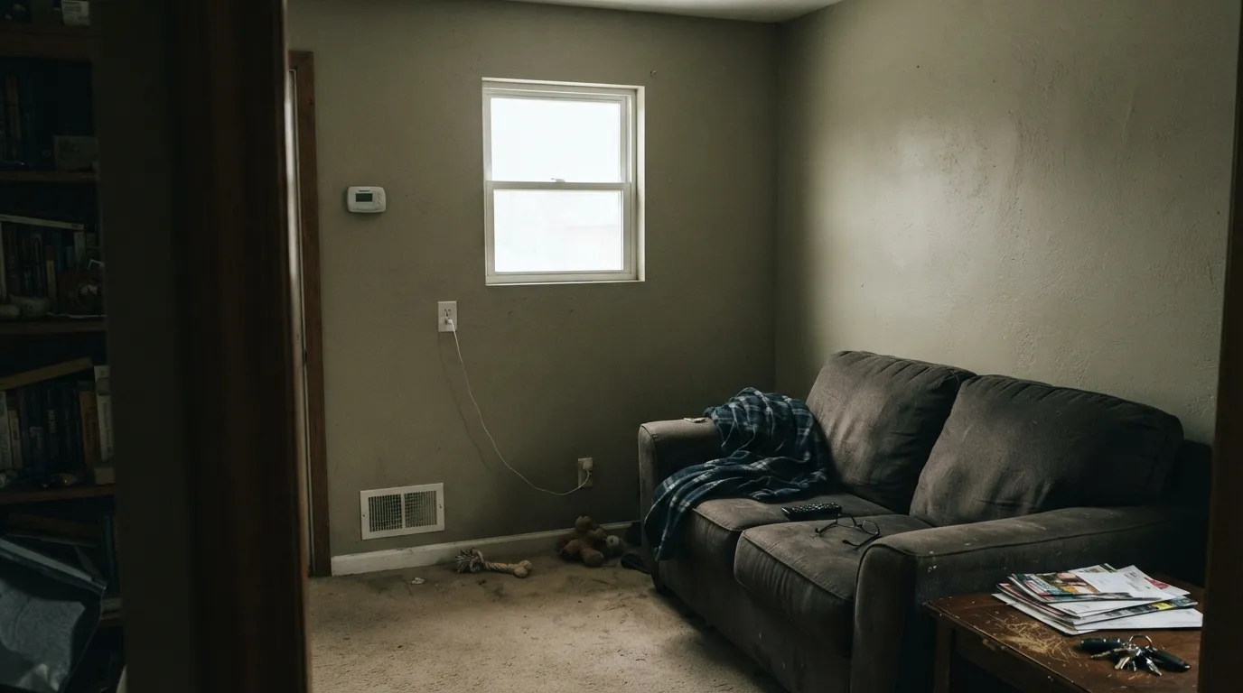 The honest shot: in a dim north room with no lamps, Heather strips to drab khaki-green — the exact light that makes this greige fail.
