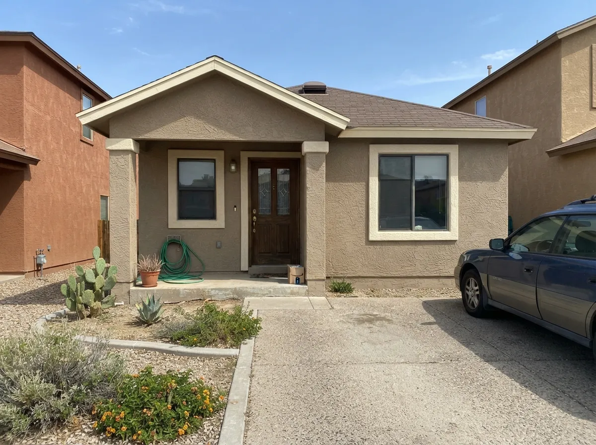The job it was hired for: Color-Ark stucco in desert sun, cream trim, espresso door — Hickory holding as muted earth instead of bleaching out.