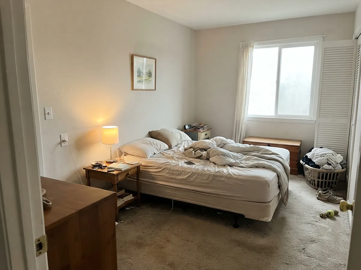 In a morning-lit bedroom it stays soft — off-white with a little beige body, not gallery-stark, not tan.
