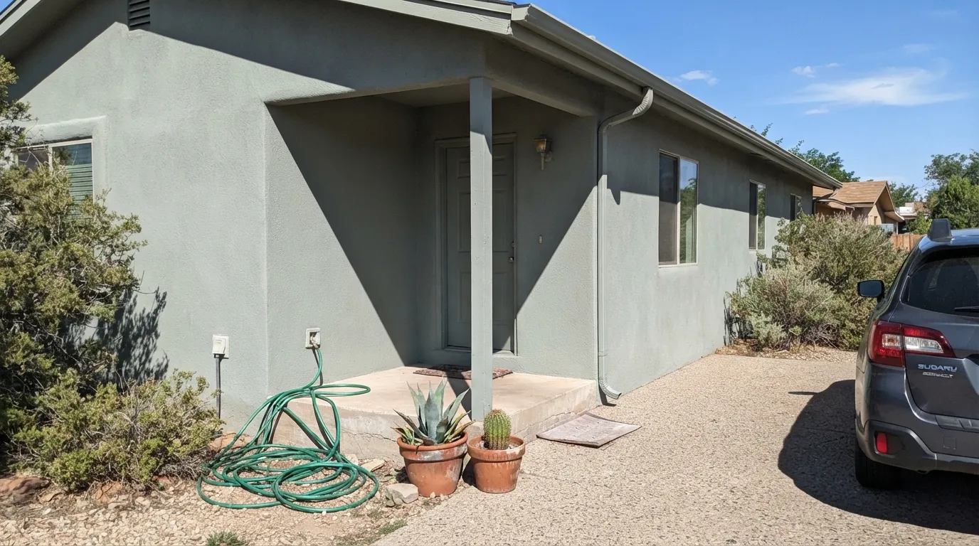 Light Sage stucco in the direct Southwest sun it was built for — a clean, settled sage-gray that holds its color instead of chalking out.