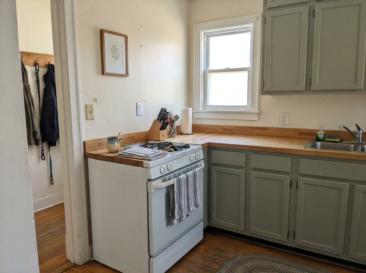 On cabinets, warm walls and butcher block pull the green forward — an easy, muted kitchen color that doesn't fight the wood.