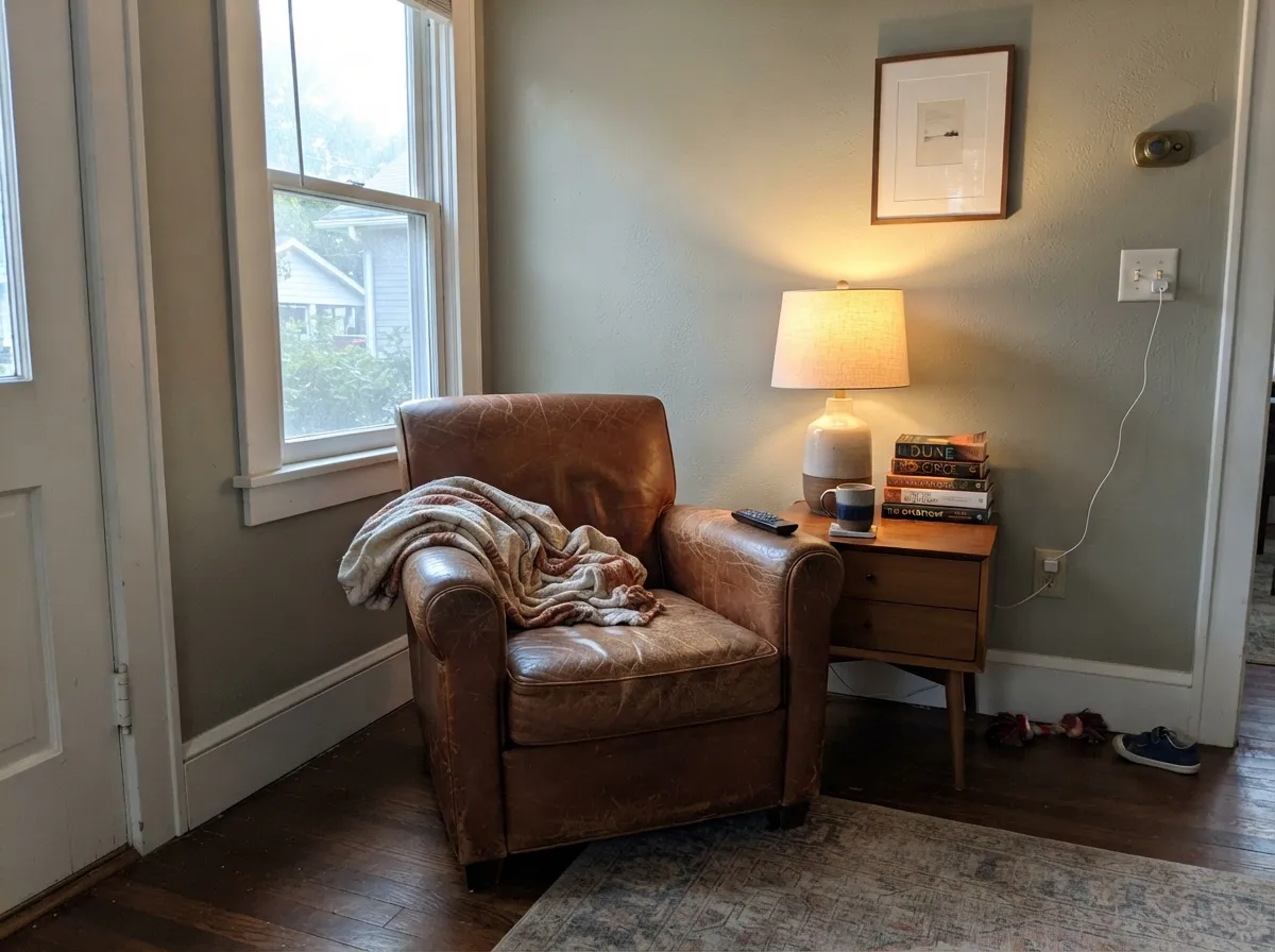 With warm wood and afternoon light the sage reads as a confident, quiet green — its best indoor moment.