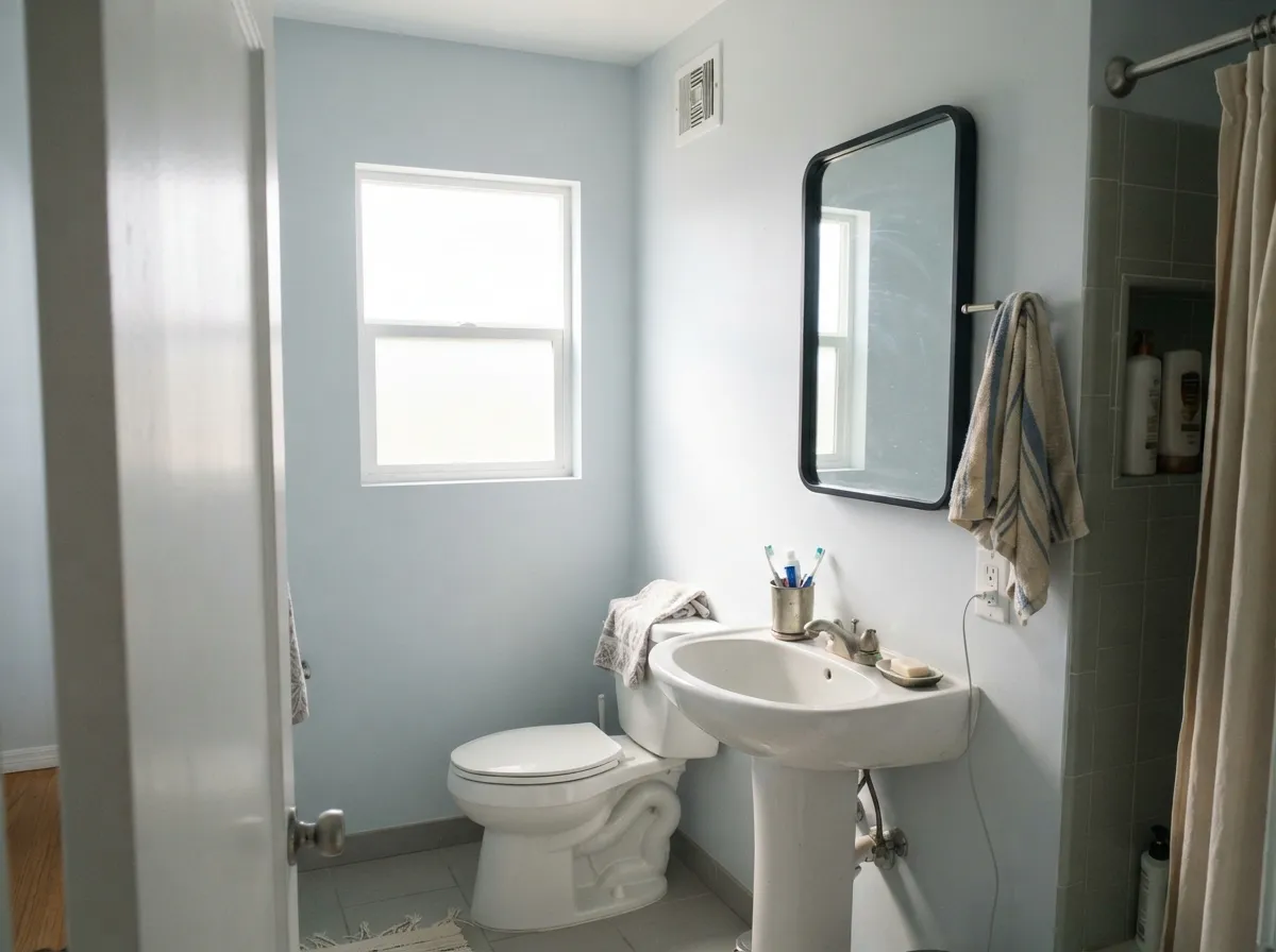 Cool tile, black fixtures, real daylight — the pairing that makes the blue-gray undertone read clean instead of cold.