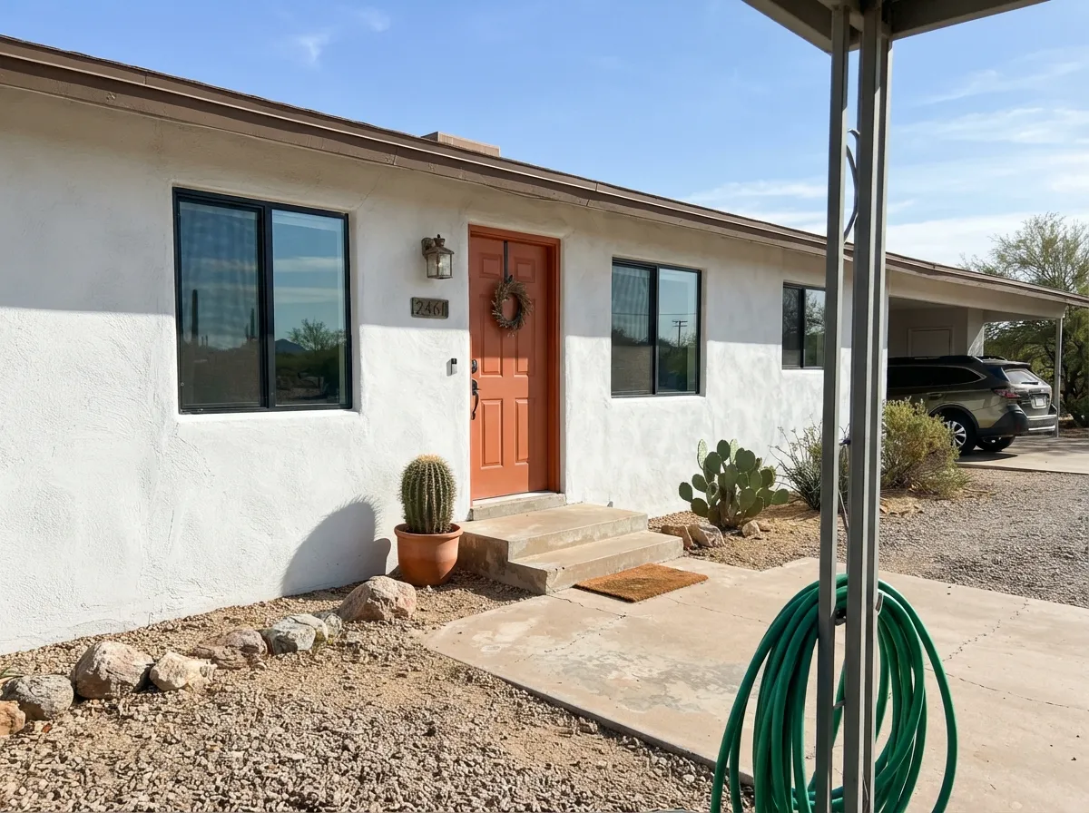 On Southwest stucco in real desert sun, Lighthouse reads bright and clean, not harsh — the terracotta door supplies the one warm note.