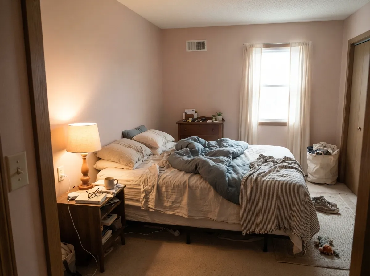 In a morning-lit bedroom with warm lamps the linen stays soft — peach enough to feel finished, not pink, not yellow cream.