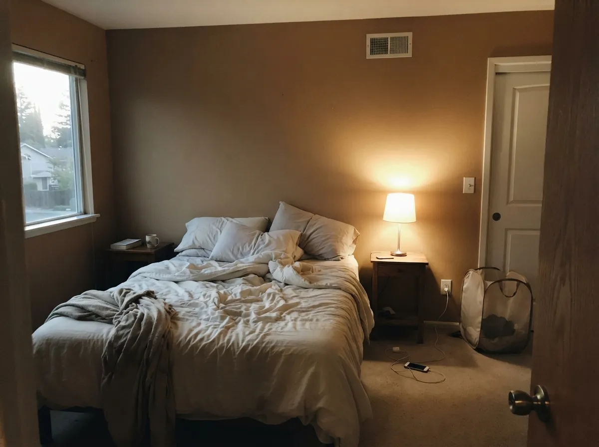 In a lamplit bedroom the tan stays grounded — earth-brown, not beige, not khaki — and the warm bulbs keep it from going cave.