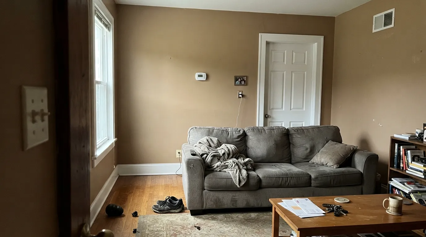 The honest shot: Mesa Tan on four walls is a brown room, and next to paper-white trim it goes orange-dirty — the exact I-wanted-beige surprise from the chip.