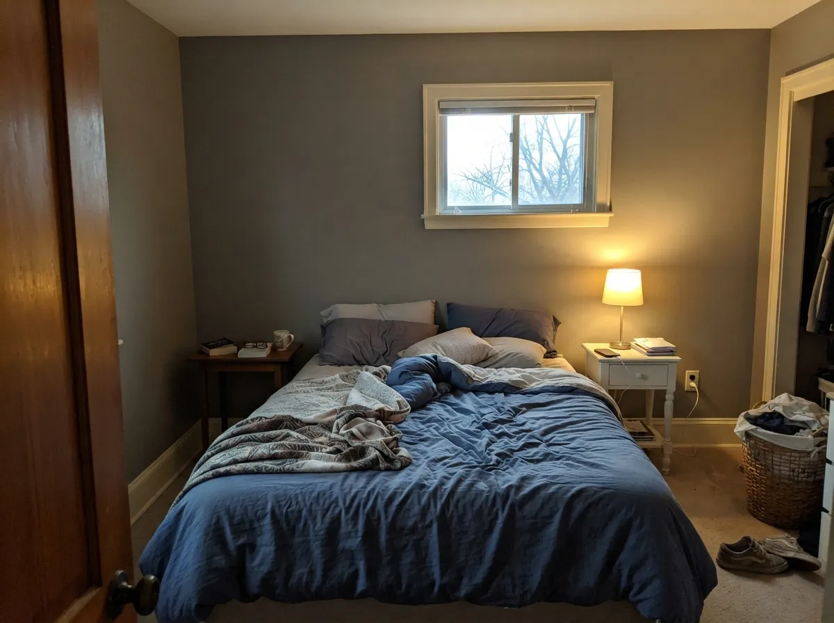 In a bedroom with a real window and warm lamps it stays tailored — bronze-gray, not cave, which is the only way four walls at LRV 21 work.