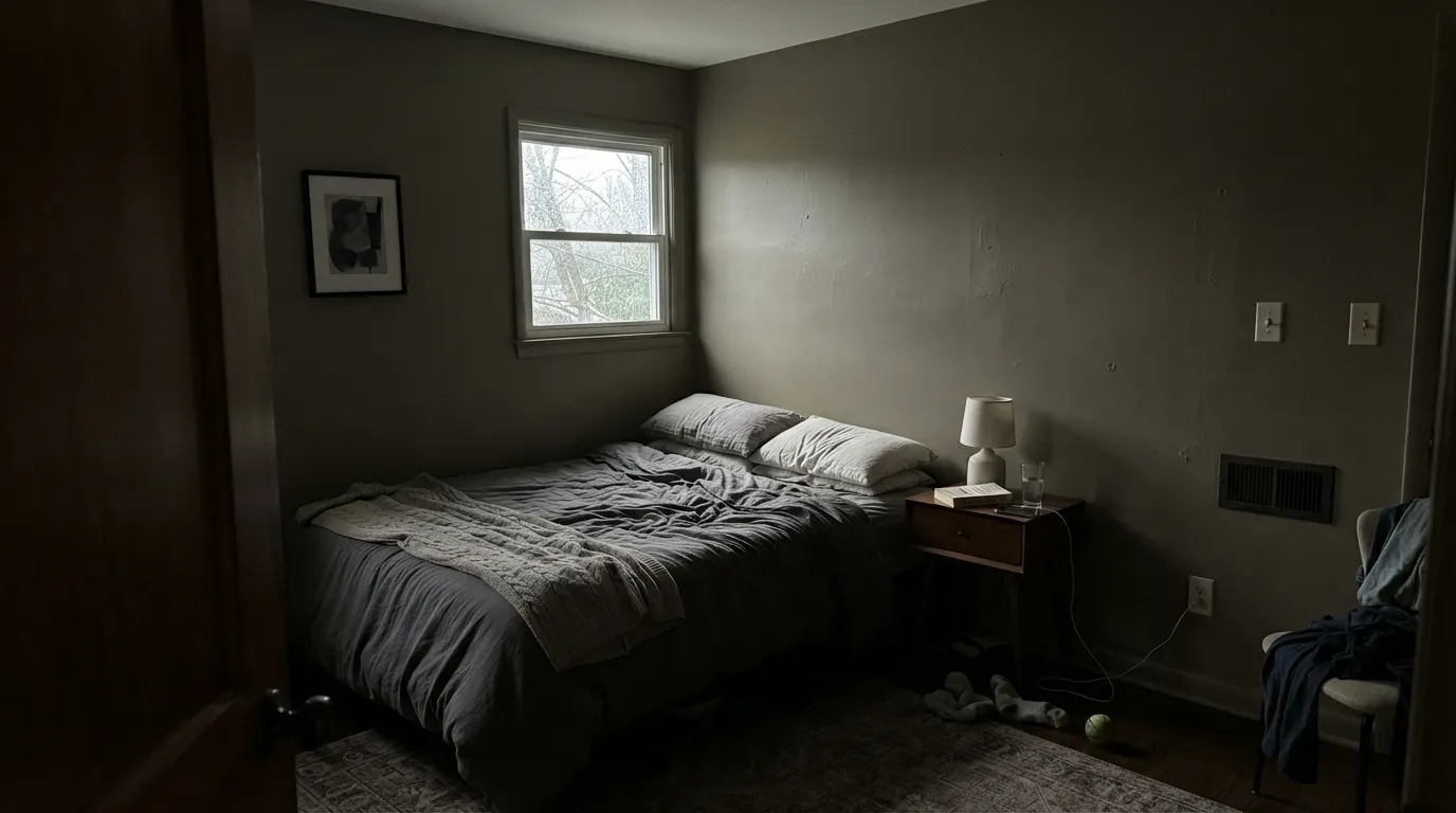 The honest shot: in a dim north room with no lamps, LRV 21 strips the bronze and leaves olive-mud — the exact regret when you ask this color to carry four walls without light.