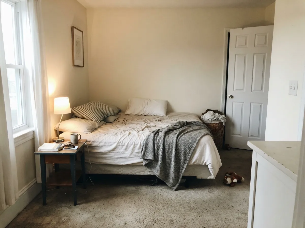 In a morning-lit bedroom it stays soft — creamy-white, not gallery-stark, the sheen change doing the trim work.