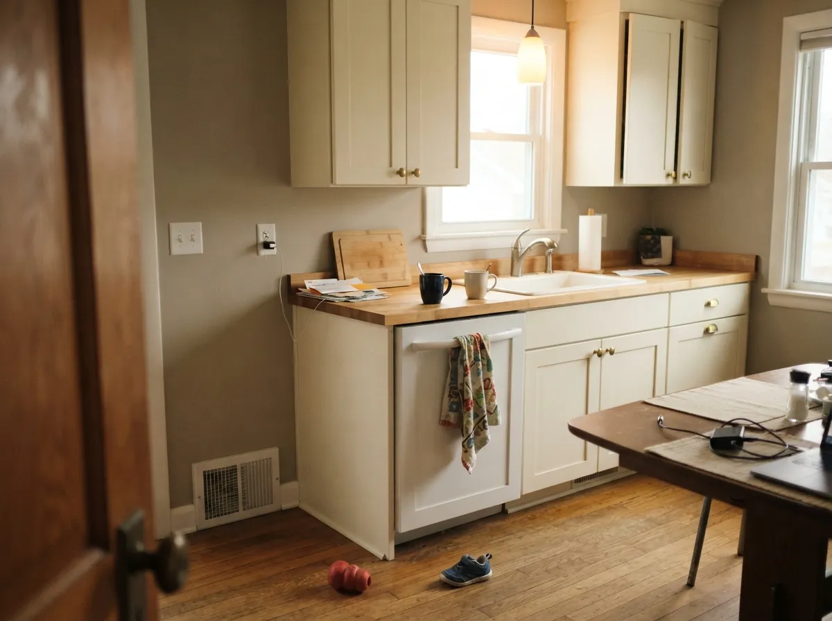 Satin Milk Mustache cabinets against Fine Grain walls — enough cream body to hide knuckle marks, kind to brass and oak, not a gallery white.