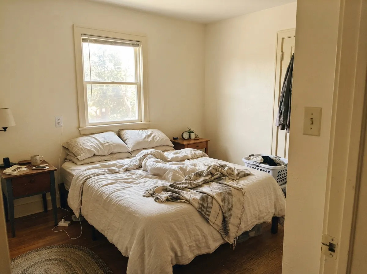 In a morning-lit bedroom the cream-white stays quiet — no gallery glare, no yellow flash yet.
