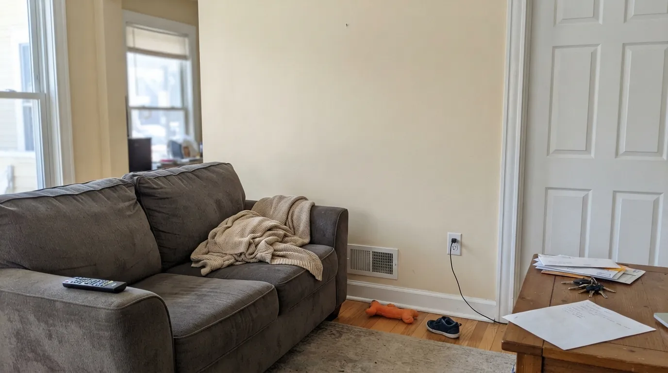 The honest shot: next to a true white, Milk Mustache is cream, not white — yellowed and unwashed beside Warm White trim, the exact pairing mistake behind most of the regret.