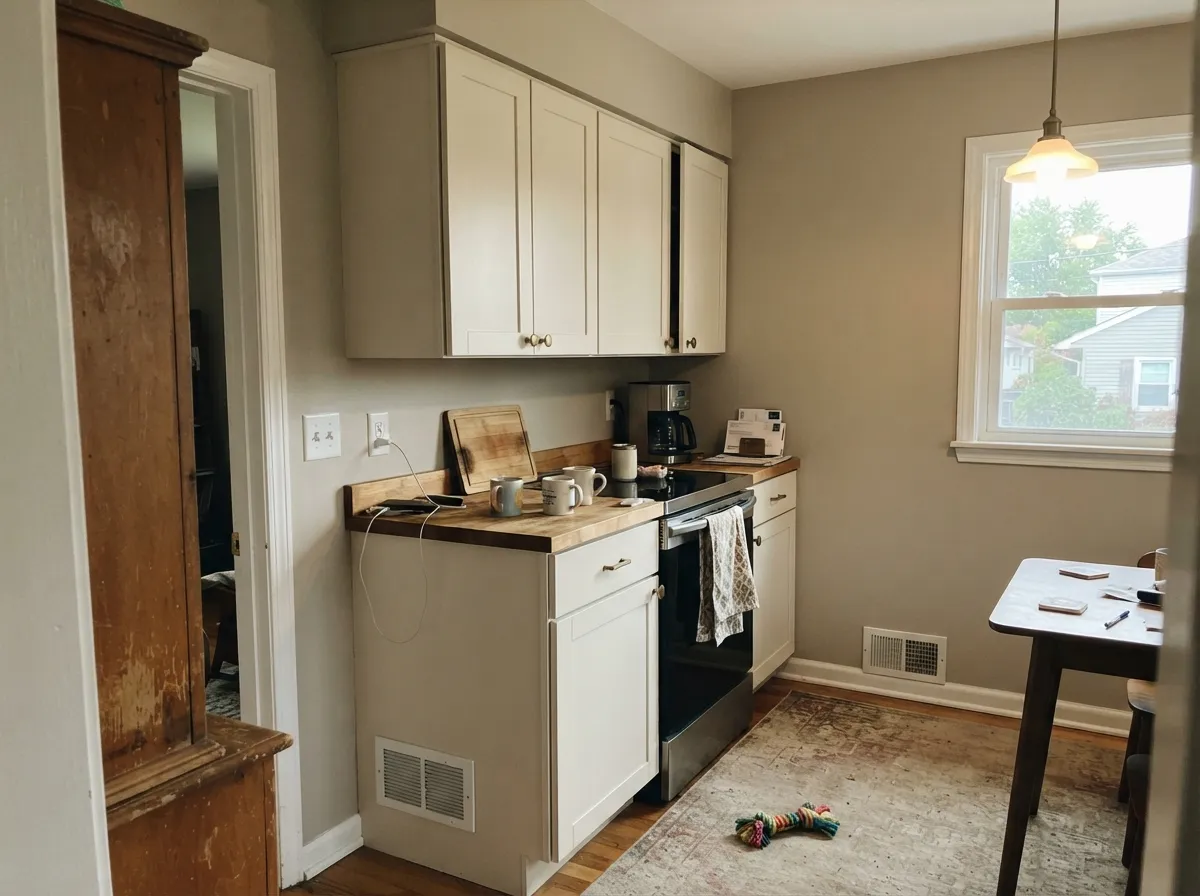 Satin Modern Ivory cabinets against Fine Grain walls — enough ivory body to hide knuckle marks, kind to brass and oak, not a gallery white.