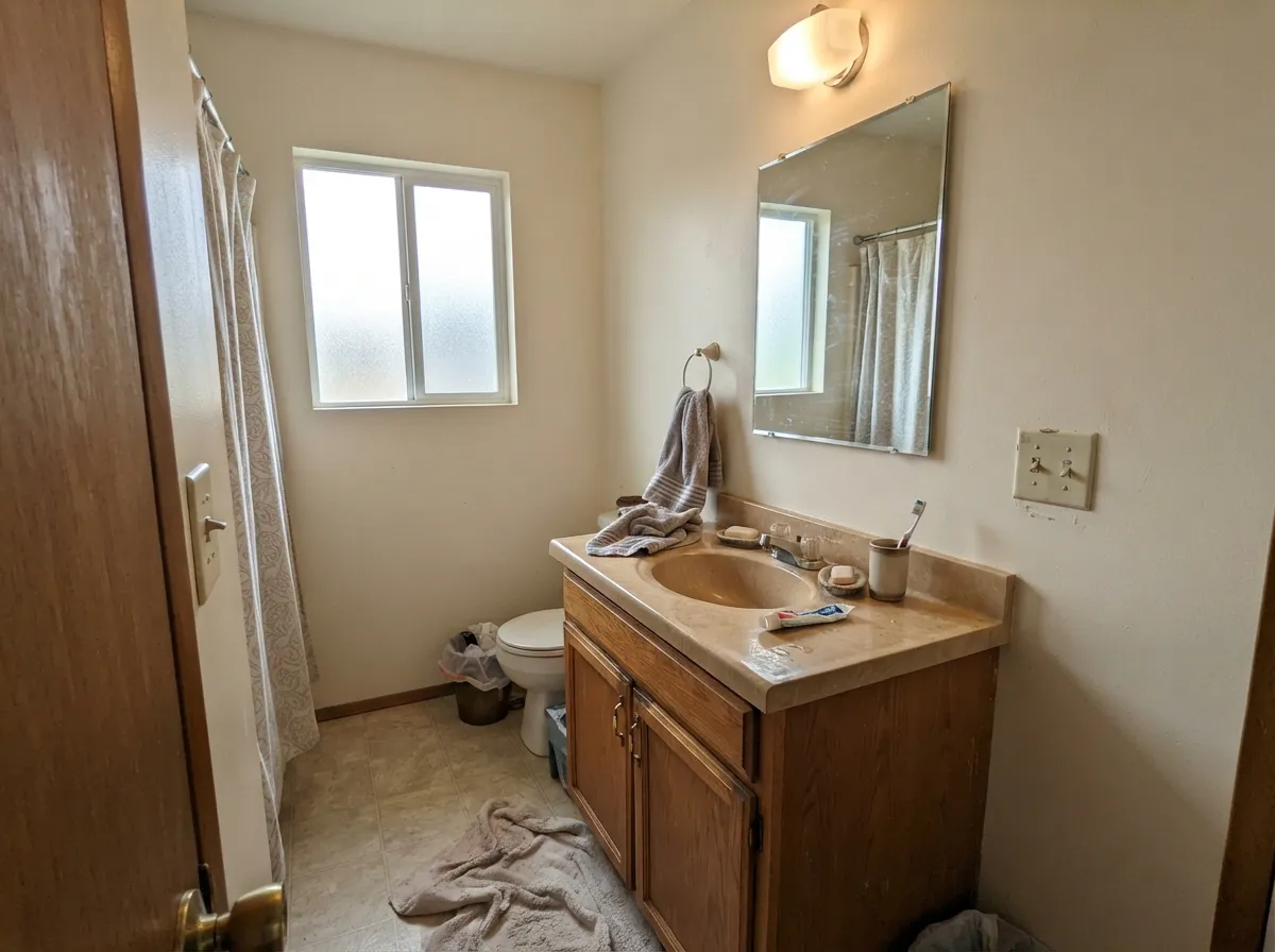 The bathroom Dunn-Edwards actually lists it for — ivory walls that stay open and warm next to wood and brass, not a white box.