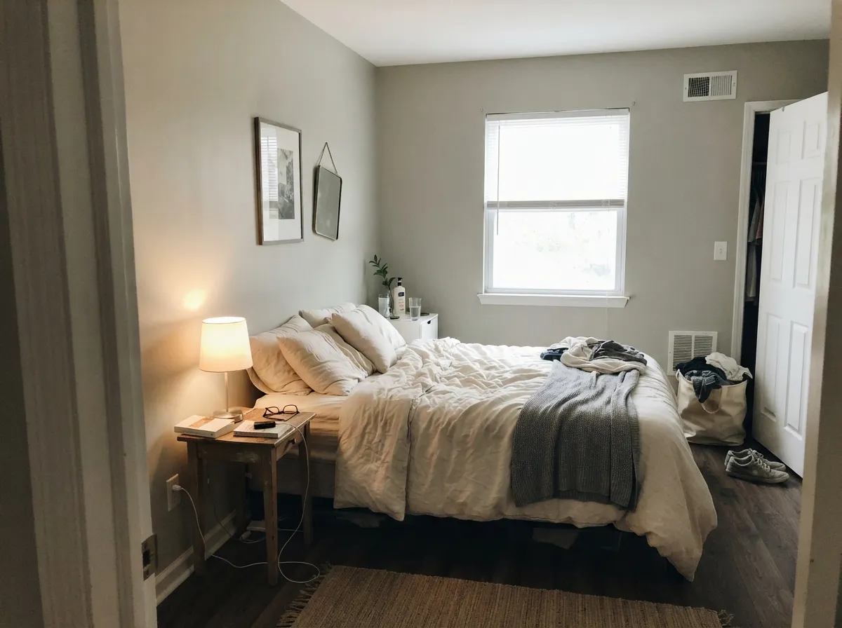 In a morning-lit bedroom the greige stays soft — not cold gray, not yellow beige — then warms under the lamp.