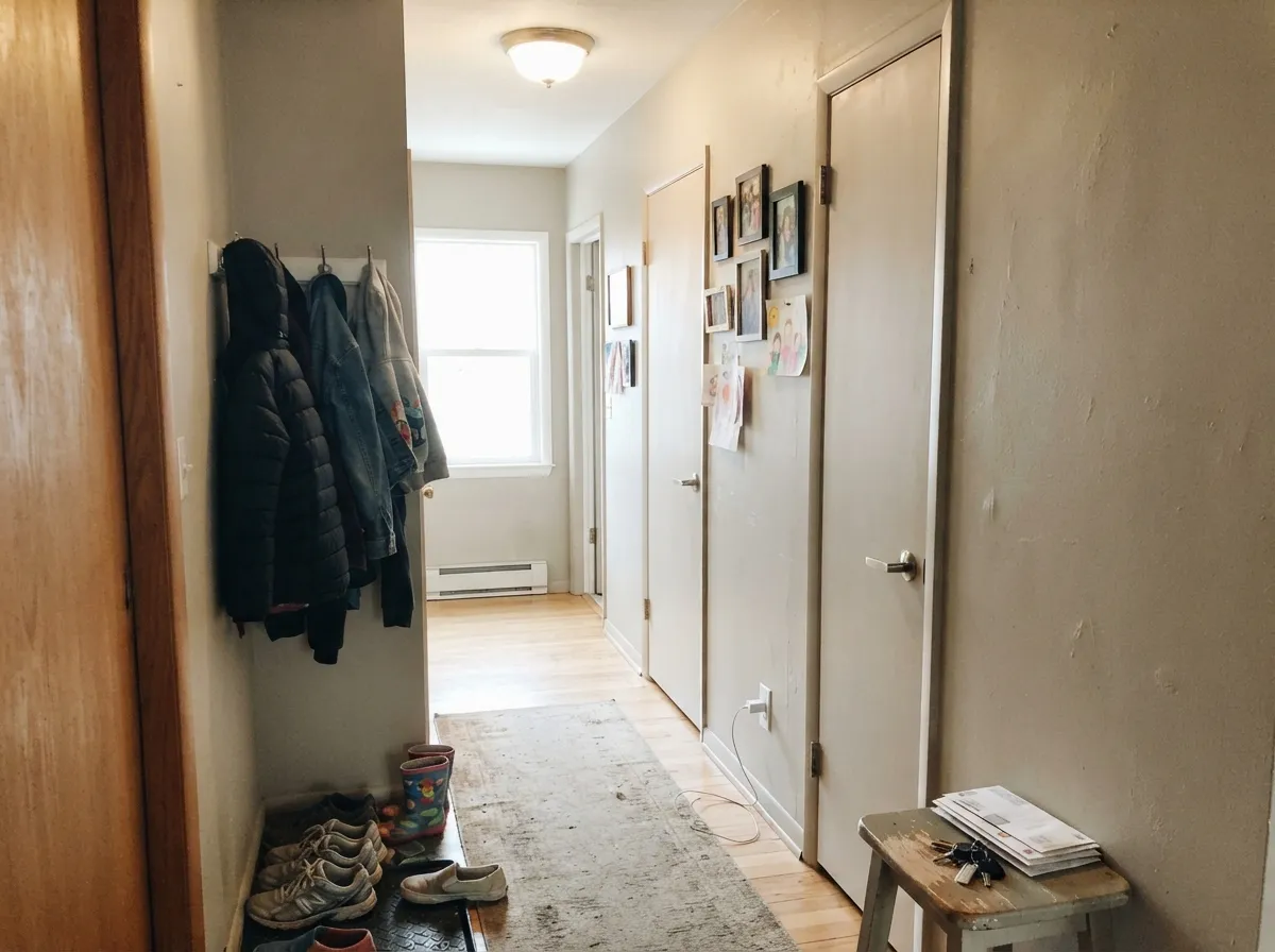 The whole-house test: hallways are where Muslin earns LRV 59, carrying room to room without washing out.