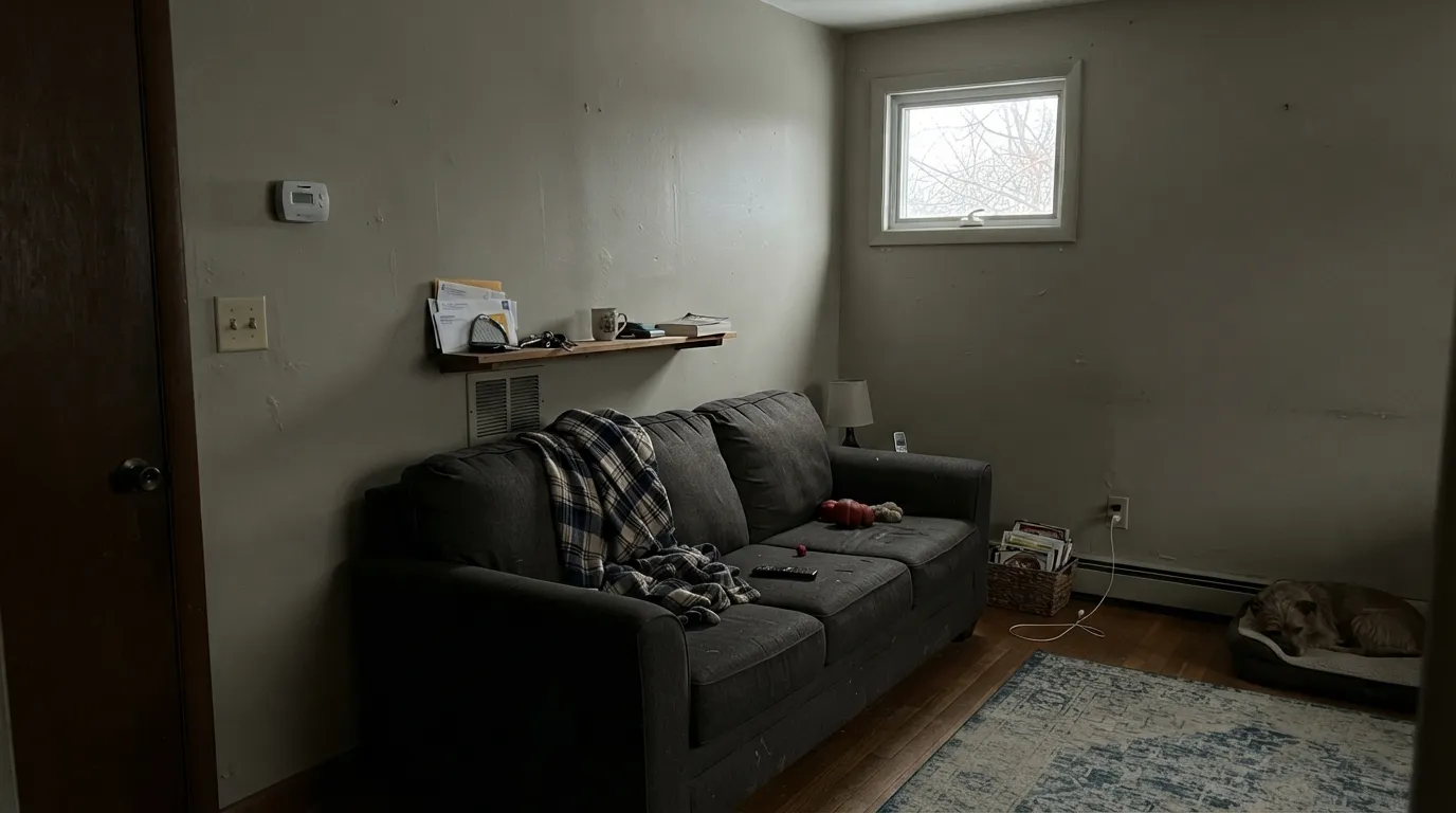 The honest shot: in a dim north room with no lamps, the linen drains out and Muslin goes drab green-gray.