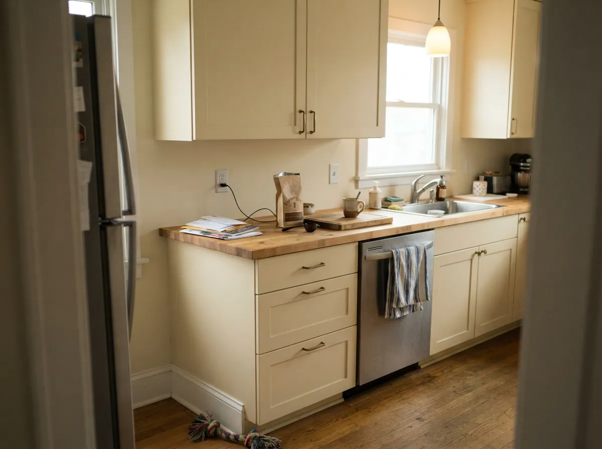 On cabinets with butcher block and brass, Navajo White reads creamy and wipeable — the kitchen use a Western designer actually named.