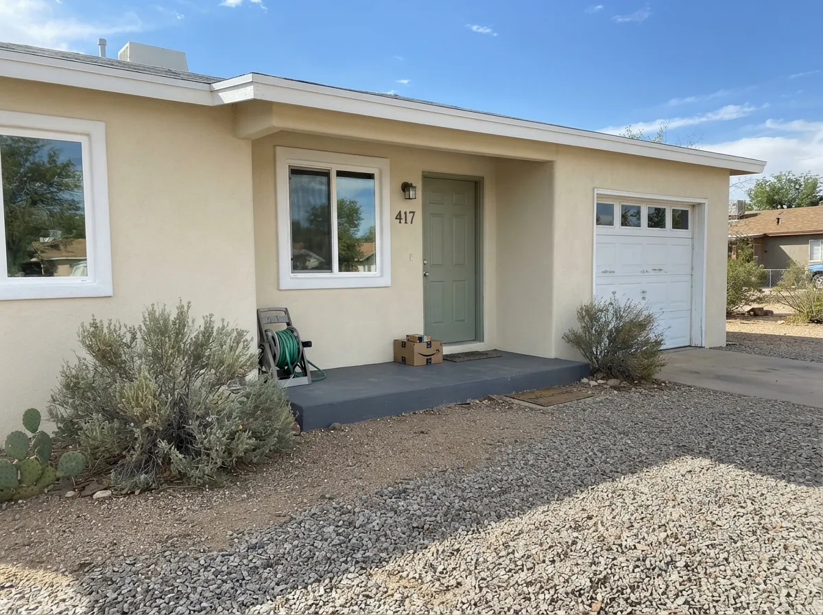 The HOA job: Navajo White as a stucco body with Warm White trim — desert sun washes the cream so the bright millwork does not dirty it.