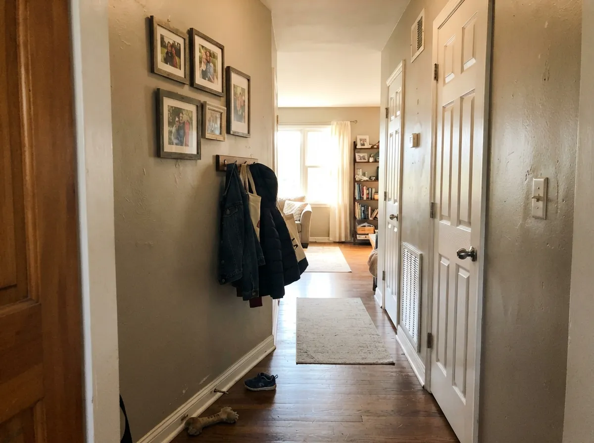 The workhorse test: a hall that borrows real daylight carries Pewter Patter room to room without going khaki.