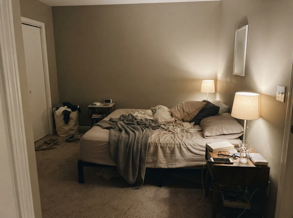 Under warm lamps the beige comes forward — still greige, softer, the night version of a daylit wall.