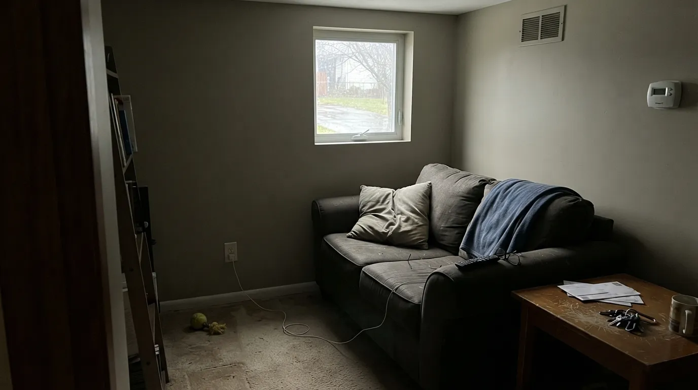The honest shot: in a dim north room with no lamps, LRV 46 has nothing to bounce and Pewter Patter goes khaki-muddy.