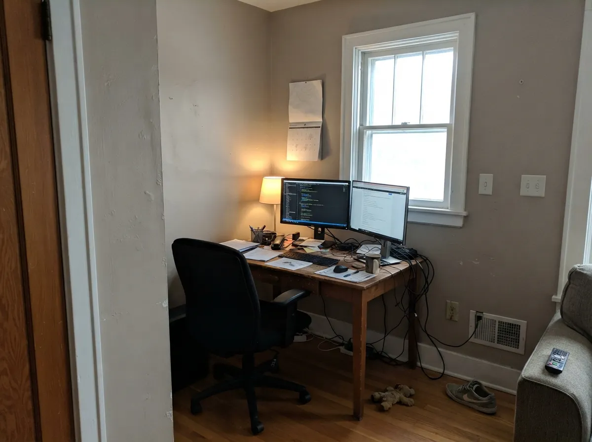 The office Dunn-Edwards names for it: a real window keeps the mid-tone taupe deliberate instead of cave-like.
