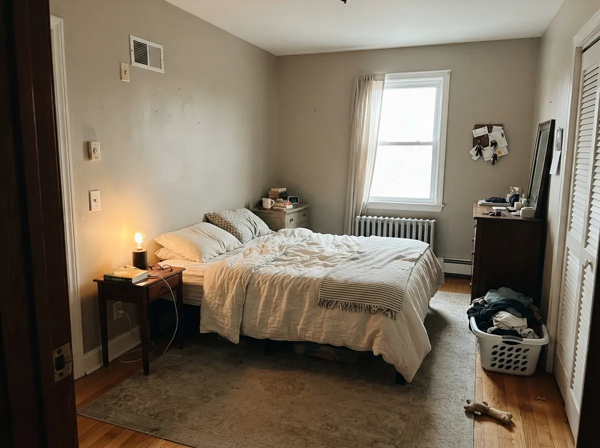In a morning-lit bedroom the taupe stays soft — not cold gray, not yellow beige — then warms under the lamp.