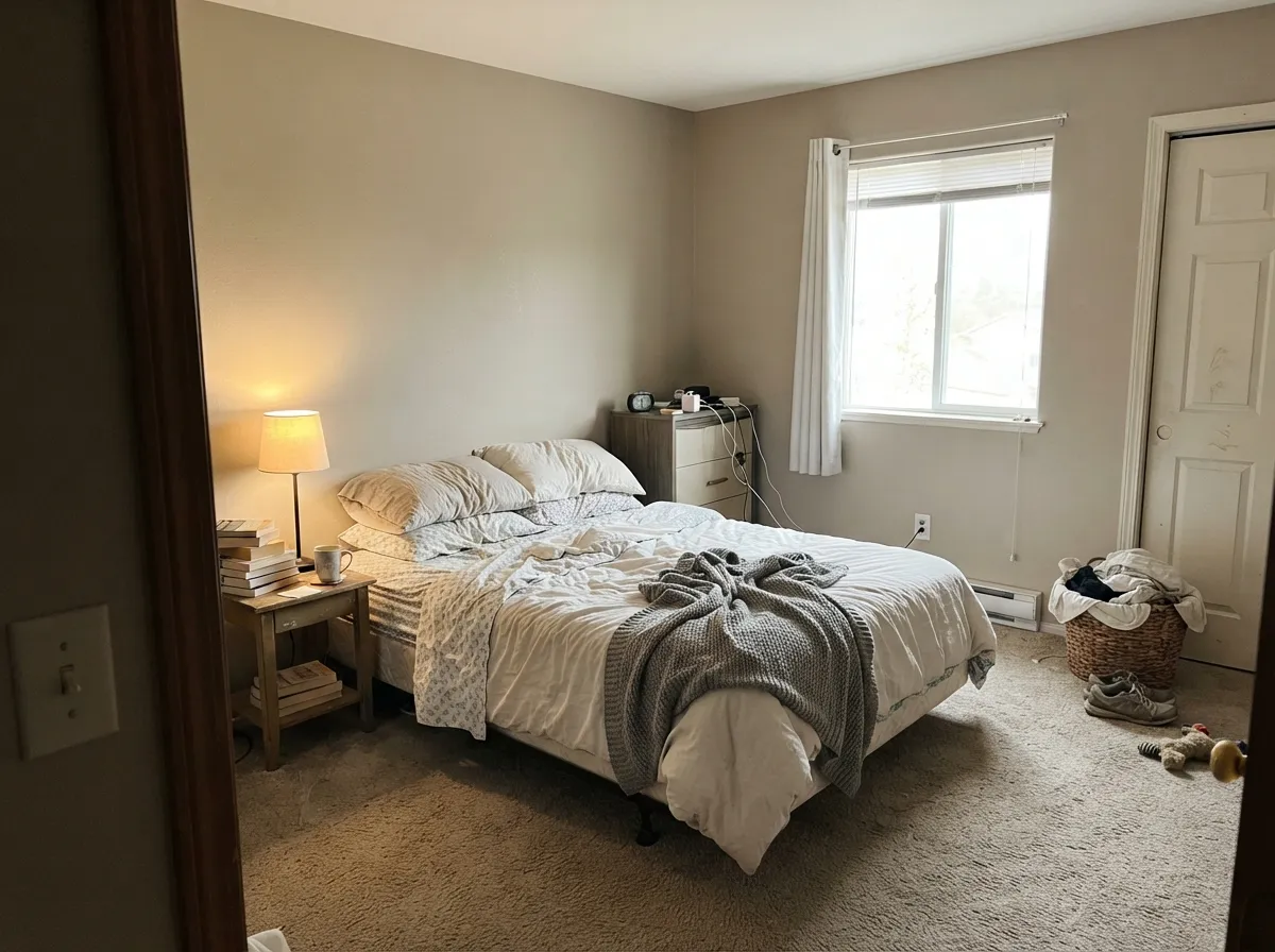 In a morning-lit bedroom the sand stays quiet — no cold gray, no yellow beige.