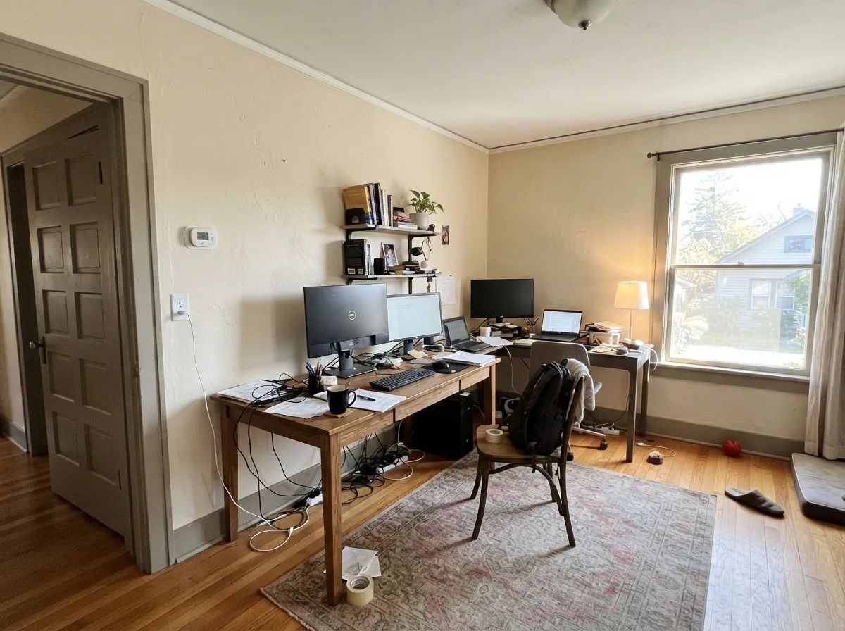 The Calabasas-office job at house scale: Pueblo White on walls and ceiling, Heather on the doors — cream field, deeper millwork, no crisp white.