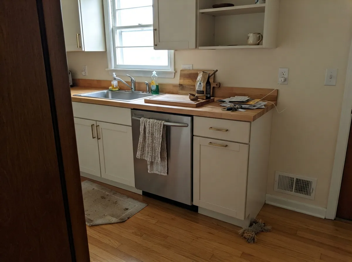 On cabinets with butcher block and brass, Pueblo White reads creamy and wipeable — enough body to hide knuckle marks, not a gallery white.