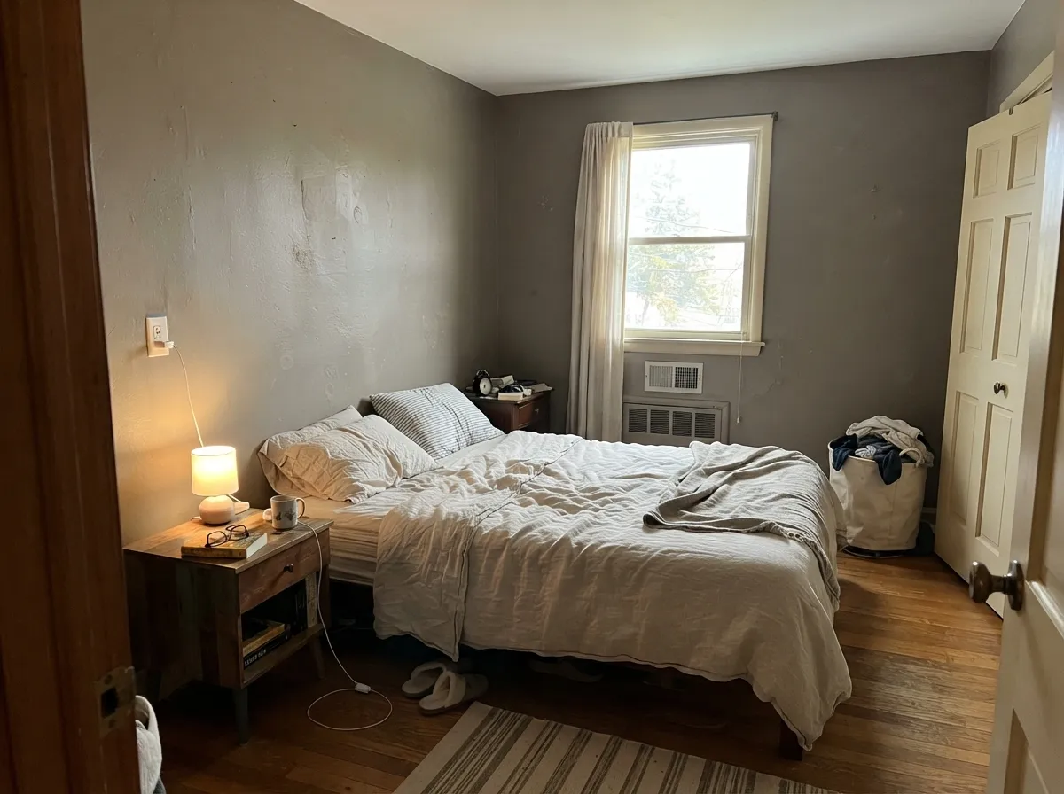 In a morning-lit bedroom the timber stays quiet — brown-warm, not beige, not a color you wake up to.