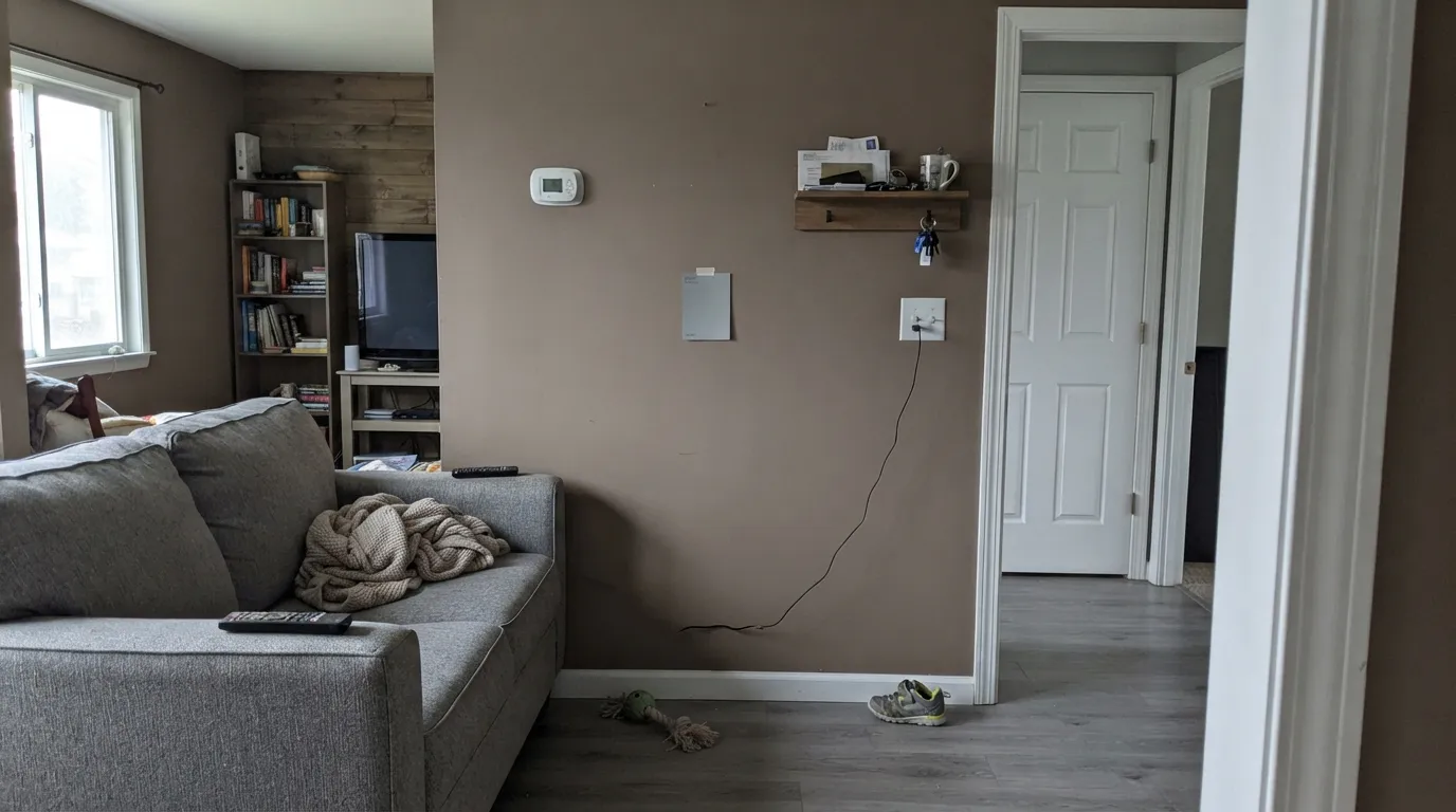 The honest shot: on four walls Reclaimed Wood is brown-warm timber, not gray — the exact mismatch Houzz shoppers reported when they wanted a Revere Pewter stand-in.