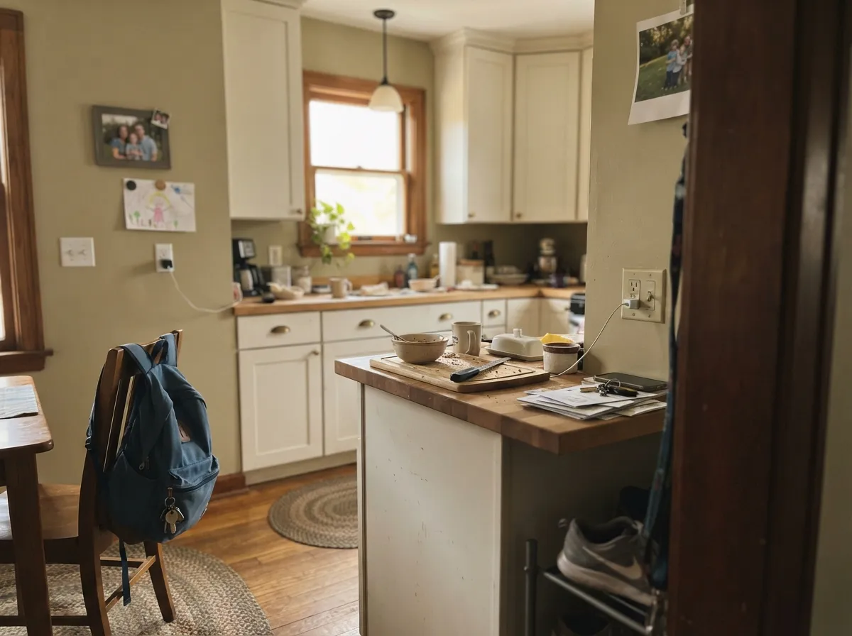With wood counters and Alabaster cabinets the buff recedes — this is the indoor home, not a gray kitchen.