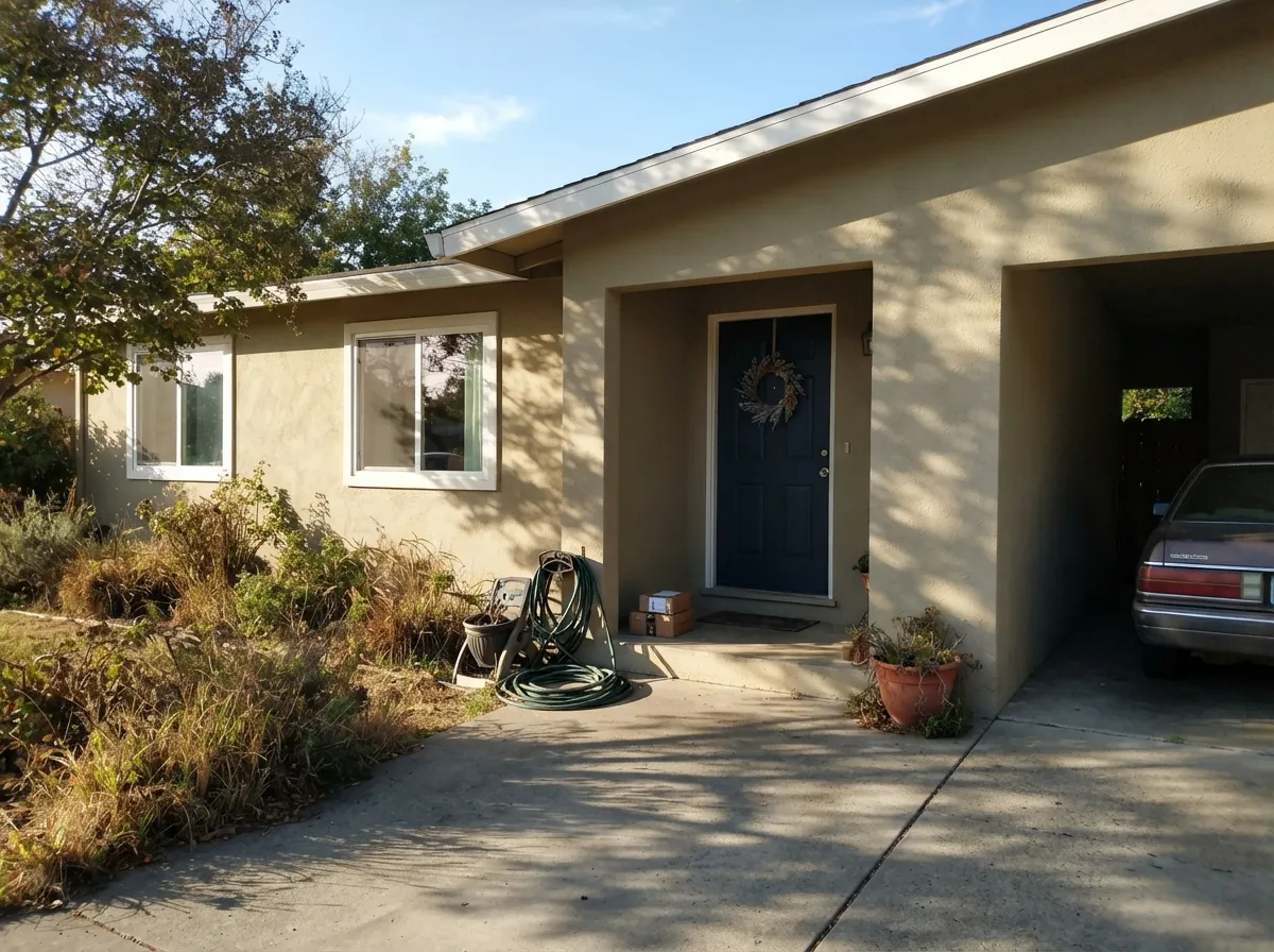 The real job: Riverbed on sunlit stucco as a Western body color — sandy in the sun, with Alabaster trim and a Hale Navy door for the one dark note.