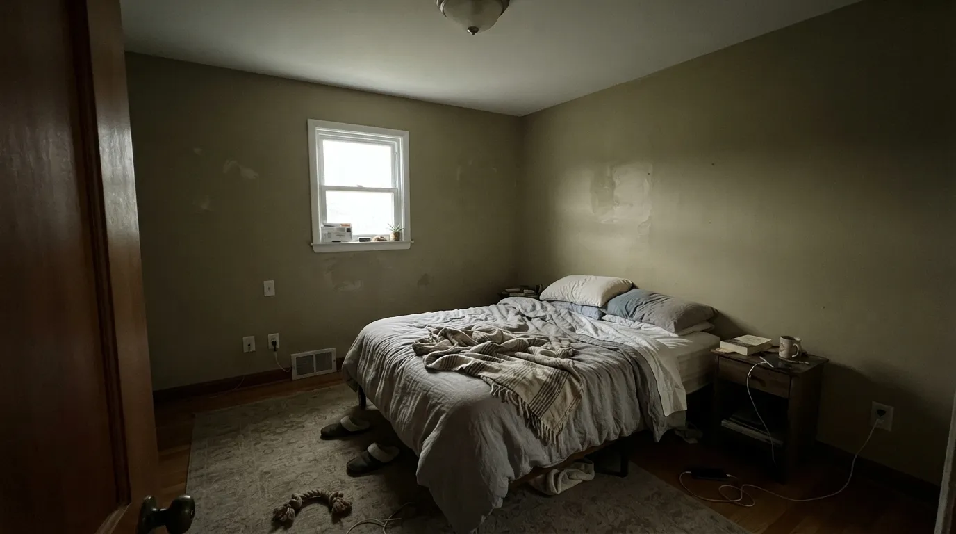 The honest shot: cool north light strips the sand and leaves the khaki-green hitch — muddy, institutional, the exact miss from a west-room sample.