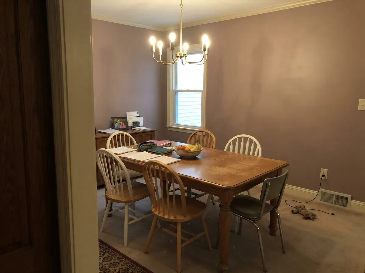 The dining-room job: Rustic Taupe as a quiet dusty-brown field so the wood and the table do the talking — lamps keep the mauve from taking over.