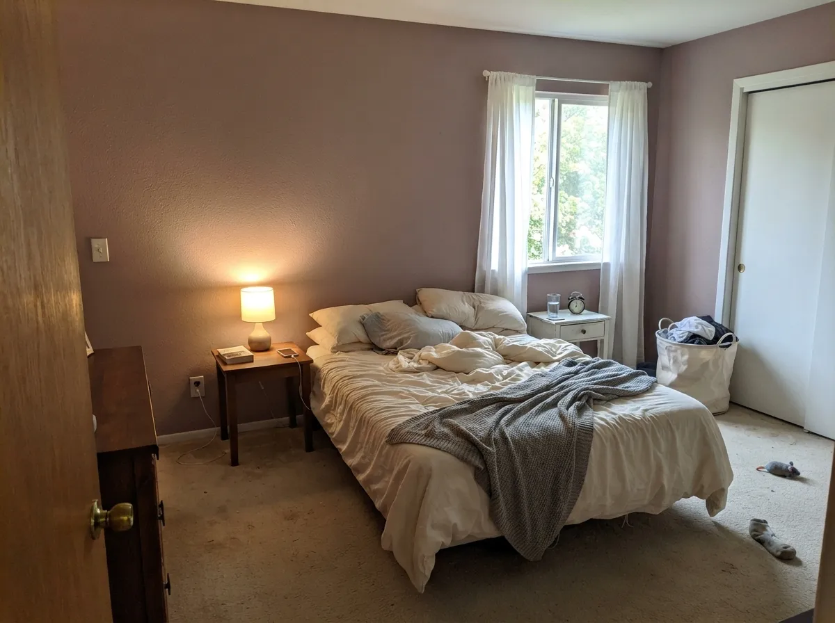 In a morning-lit bedroom the taupe stays soft — dusty brown, not gray, not pink — and the lamps keep it cozy.