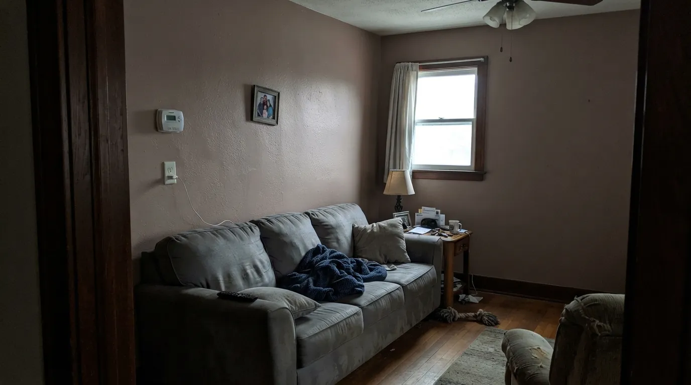 The honest shot: cool north light pulls the mauve and Rustic Taupe goes dusty pink-beige — the exact I-wanted-gray surprise from the chip.