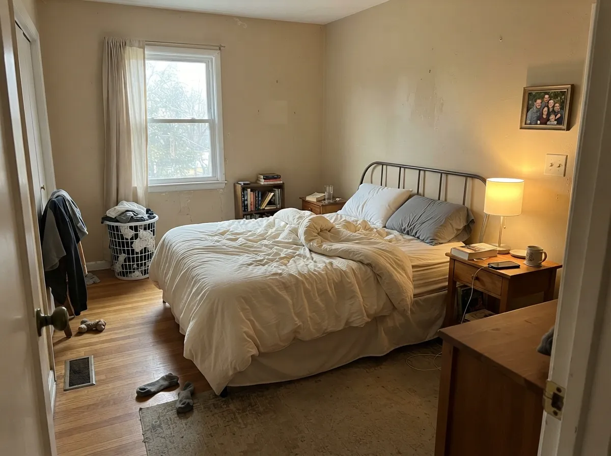 In a lamp-warmed bedroom Sahara stays sandy and restful — a little peachier than the chip, not a new color.