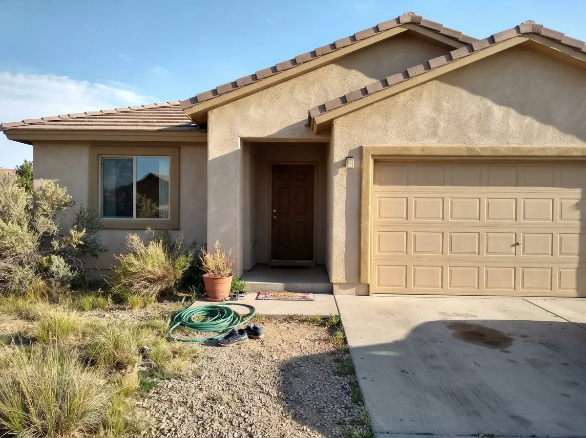 The job it already has: Sahara as a stucco body in hard sun, with Bison Beige a step deeper on the fascia — HOA beige that still reads sand, not dirt.