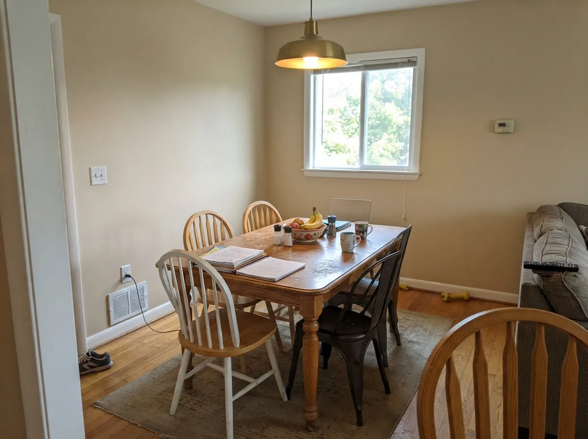 The dining-room job: Sand Dune as a quiet tan field so the wood and the table do the talking.
