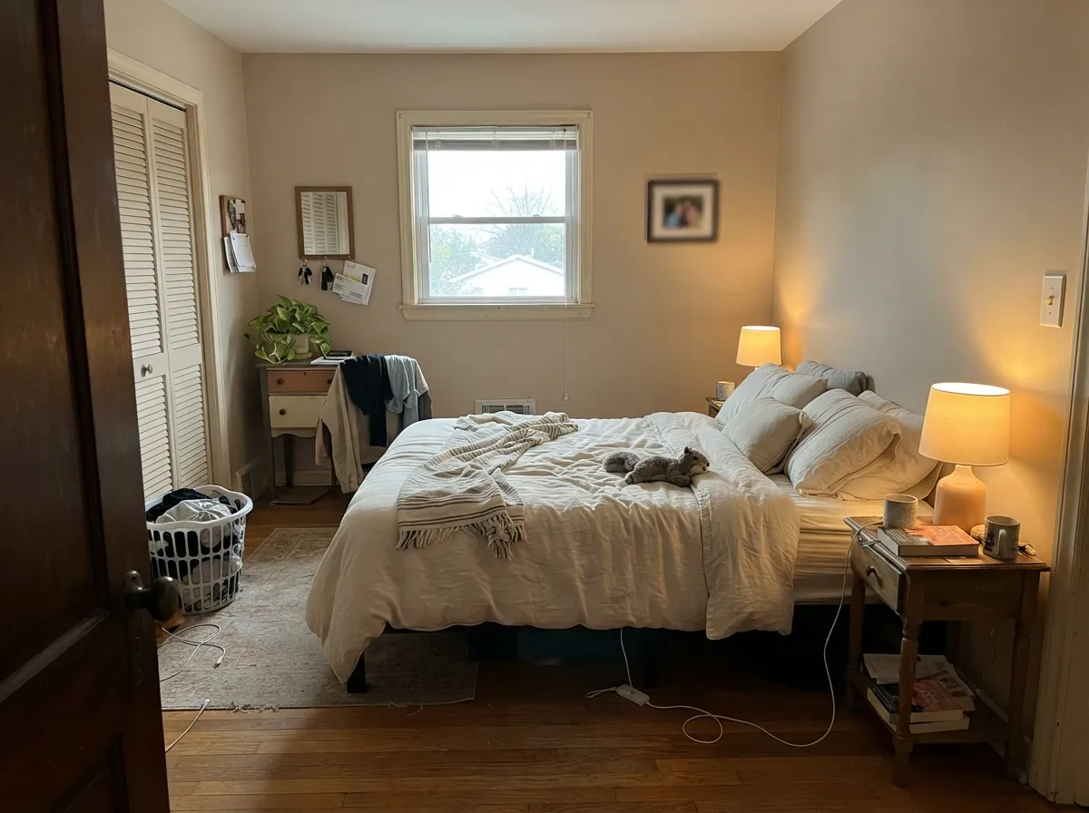In a morning-lit bedroom the tan stays soft — sandy, not yellow, not gray — and the lamps keep it cozy.