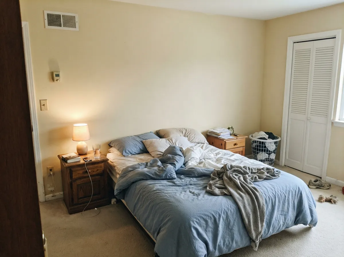 In a morning-lit bedroom the yellow-brown stays soft — sandy, not butter, as long as the lamps are warm.