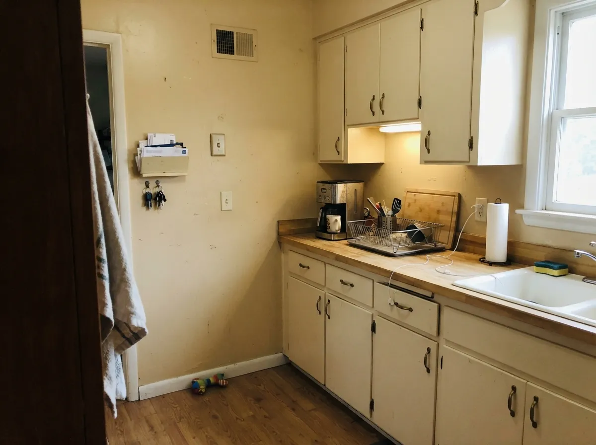 On kitchen walls beside cream cabinets and wood, Sandcastle sits back and lets the brass and butcher block do the talking.
